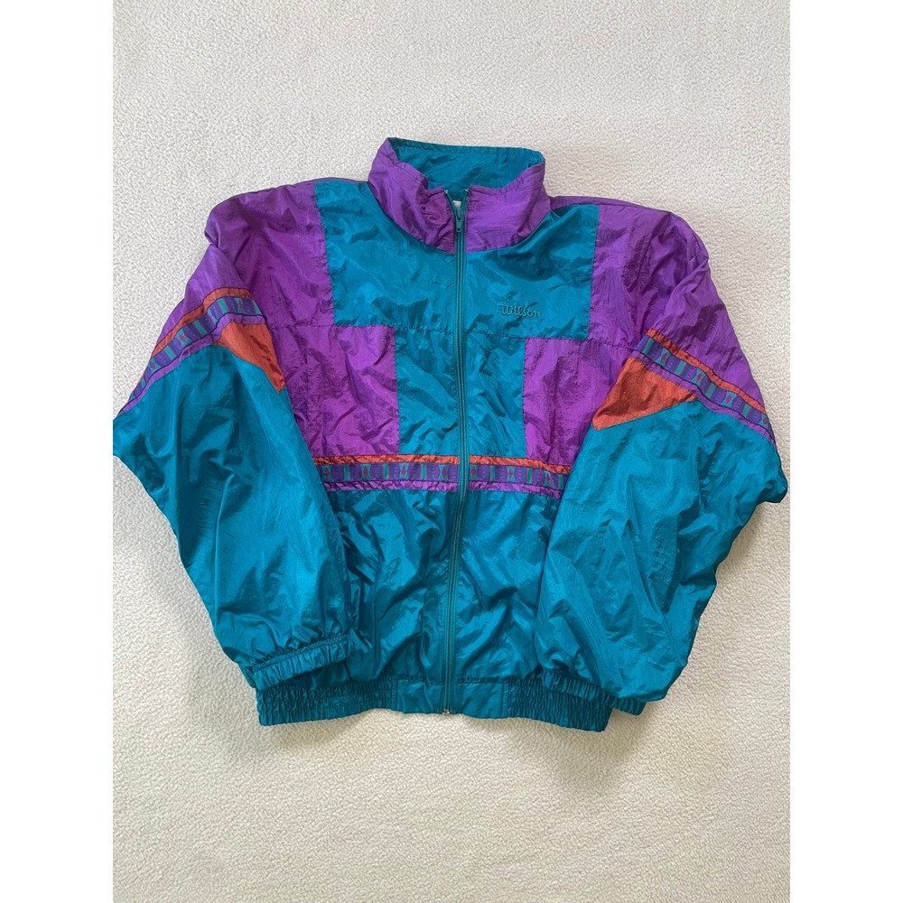 Vintage 90s Wilson Unisex Medium Windbreaker Teal Purple  Colorblock Aztec Crisp